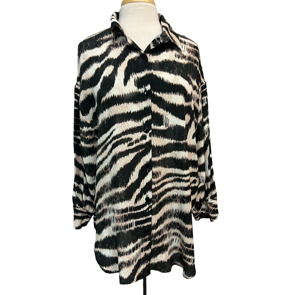 Joseph Ribkoff Button Up Tunic Shirt Linen blend Zebra Print Long Drop Sleeve 12
